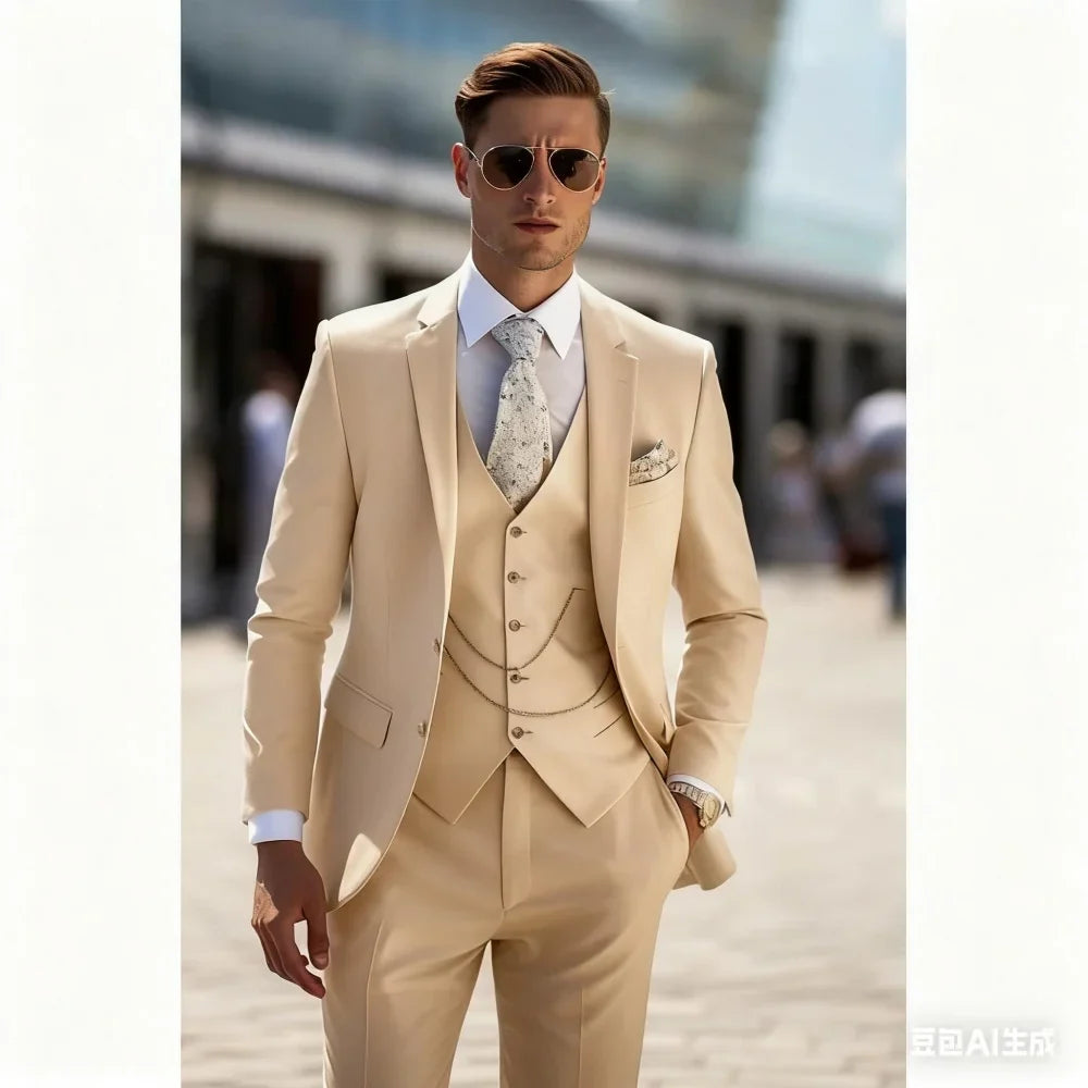 Vestido De Casamento Masculino Único Breasted Slim Fit, Terno Azul Céu, Jaqueta De Lapela, Calças, Colete, Elegante, 3 Peças