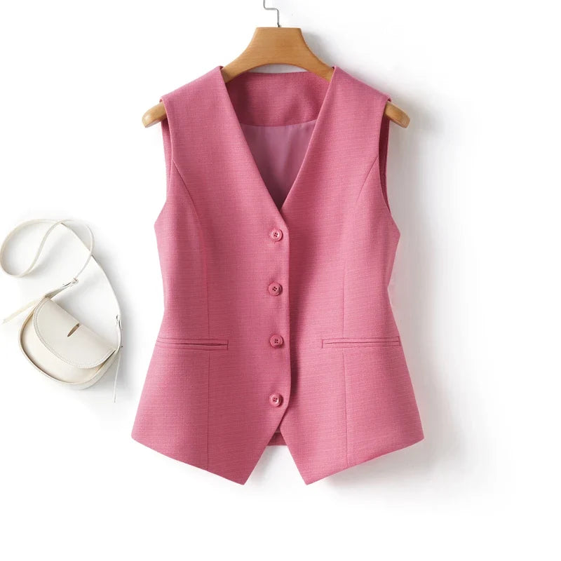 Fashionable Sleeveless Suit Vest for Women in Spring and Autumn Single-Breasted Short V Neck Top Layered with Workplace Elegant W