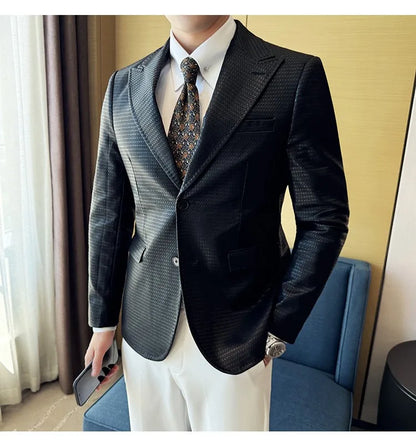Korean Waffle Leather Suit Jacket Men's Business Casual PU Leather Blazer Slim Fit Wedding Groom Office Social Formal Coats 2026