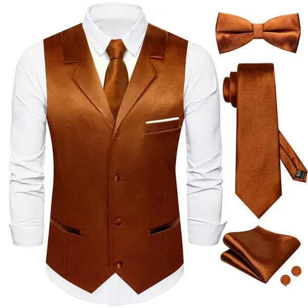 Men's Satin Waistcoat 5-Piece Set with Rose Gold Lapel – Vest, Necktie, Bow Tie, Pocket Square & Cufflinks