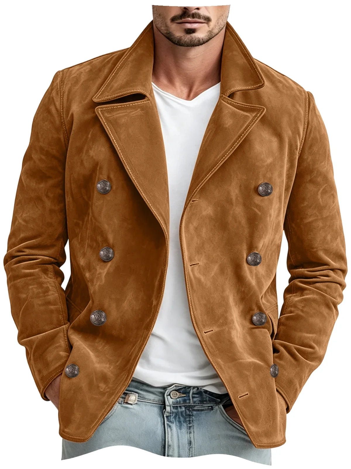 Men Faux Suede Jacket Double Breasted Lapel Collar Casual Blazer Vintage Comfort Business Office Autumn Winter Fashion Male Coat