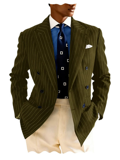 Navy Blue Striped Pattern Business Suit Jacket Double Breasted Slim Fit Blazer Casual Formal Attire Office Groom's Wedding Dress