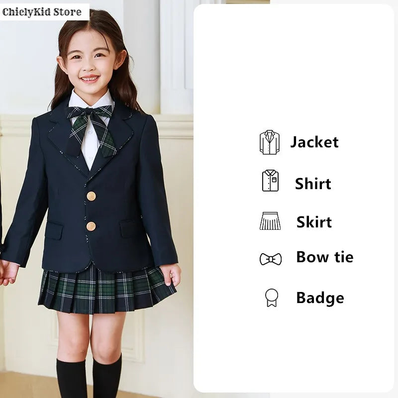 Children British School Uniforms Girls Preppy Jacket Pleated Skirts Boys Blazers Pants Suits Kids Teenage Student Clothes Sets