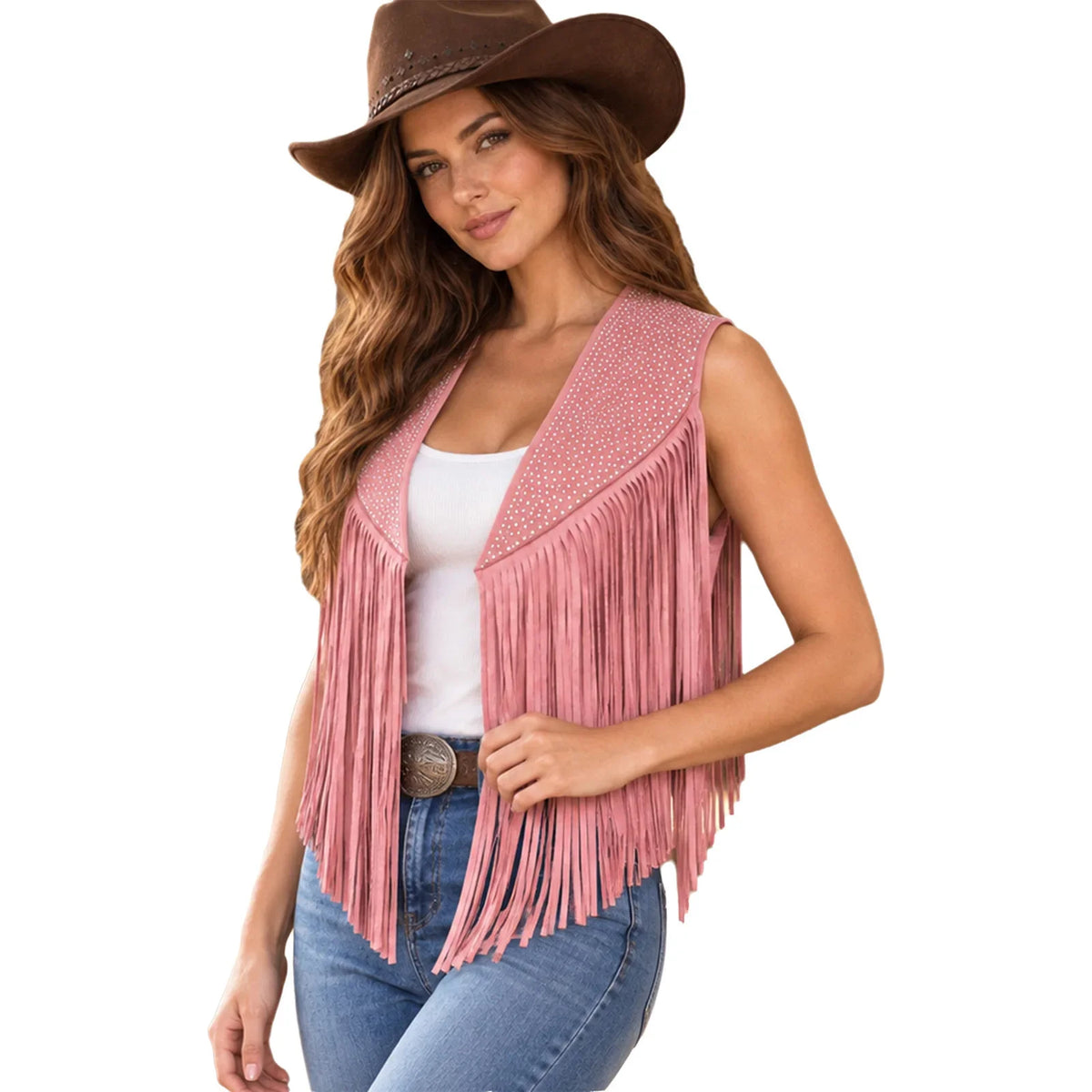 Women's Faux Suede Tassels Vest Waistcoat Western Cowgirl Hippie Costume Sleeveless Fringed Waistcoat for Halloween Party Outfit
