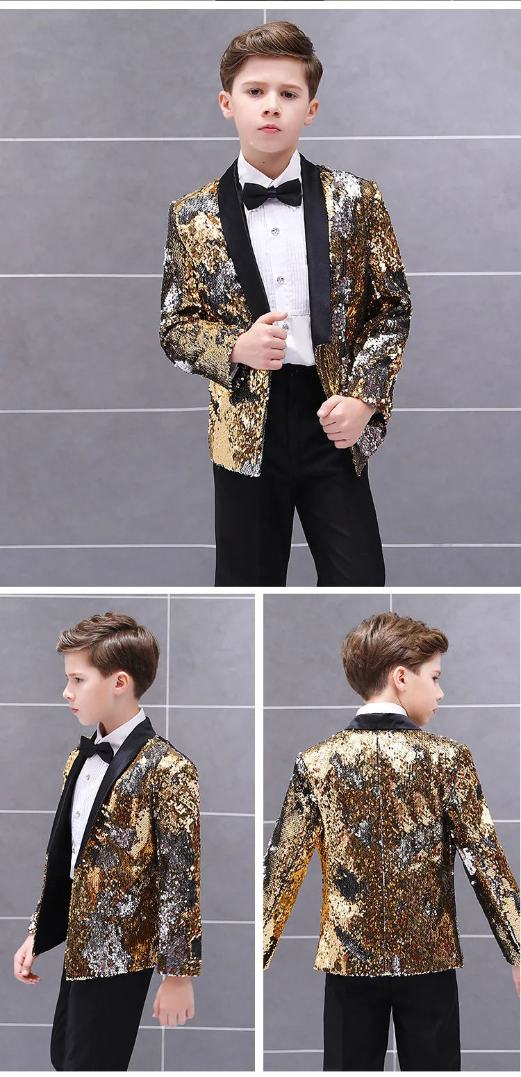 Boys Gradient Sequins Formal Wedding Birthday Party Suits Kids Jacket pants Bowtie 3pcs Price Piano Performance Costume