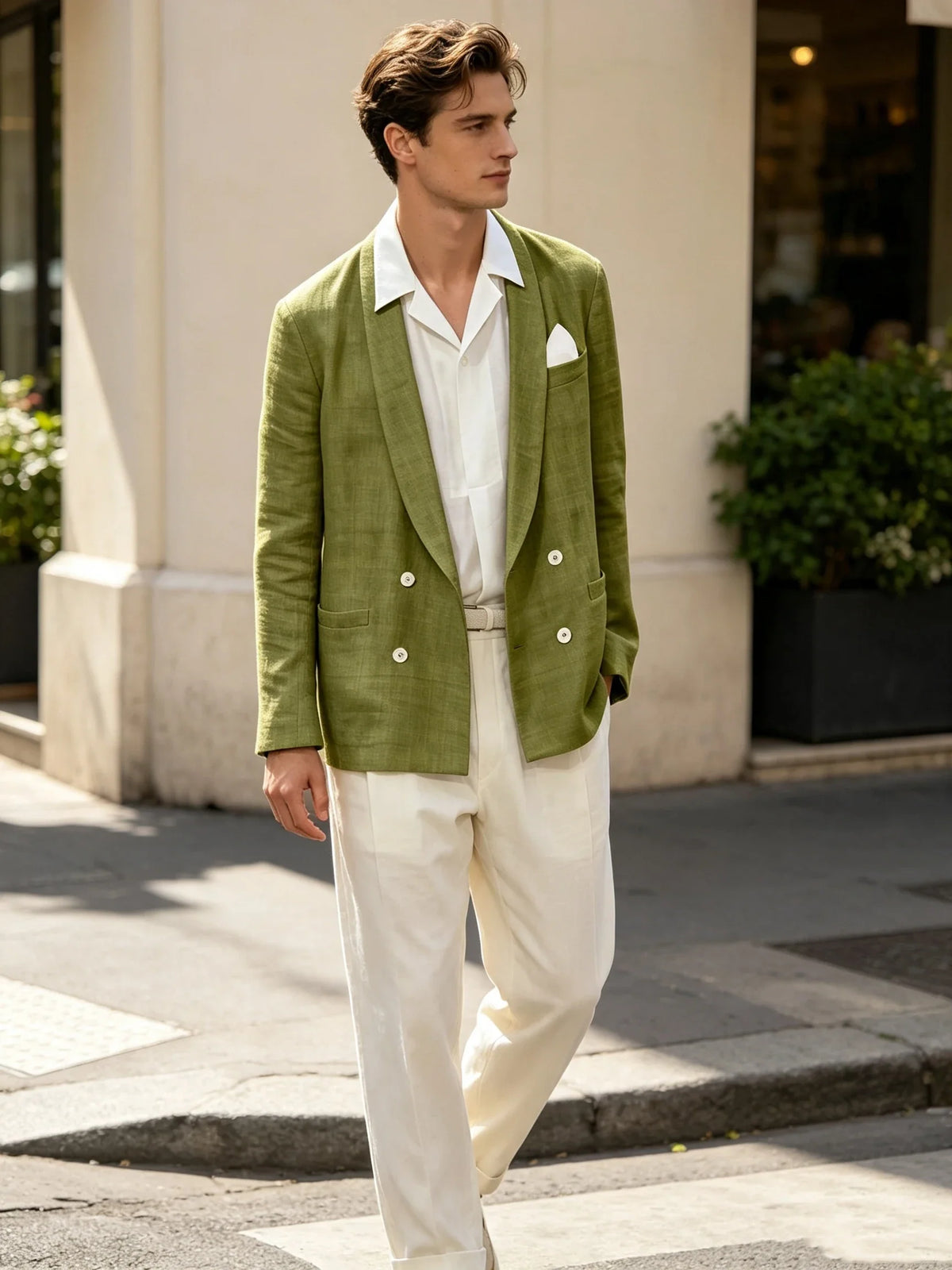 Summer Cotton Linen Blend Men Blazer Double Breasted Casual Suit Jacket Lightweight Soft Elegant Dress Coat For Prom Work Party