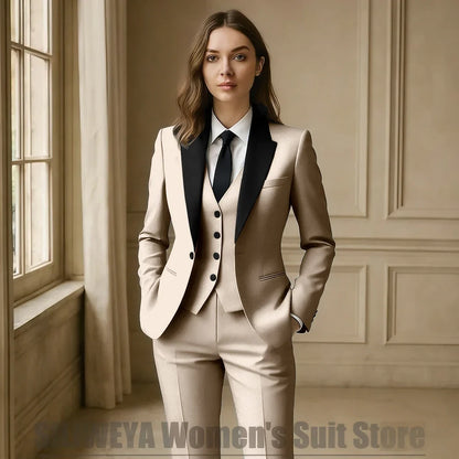 Women Royal Blue 3 Piece Tuxedo Suit Blazer Vest Pants with Black Lapel Slim Fit Formal Party Business Office Outfit