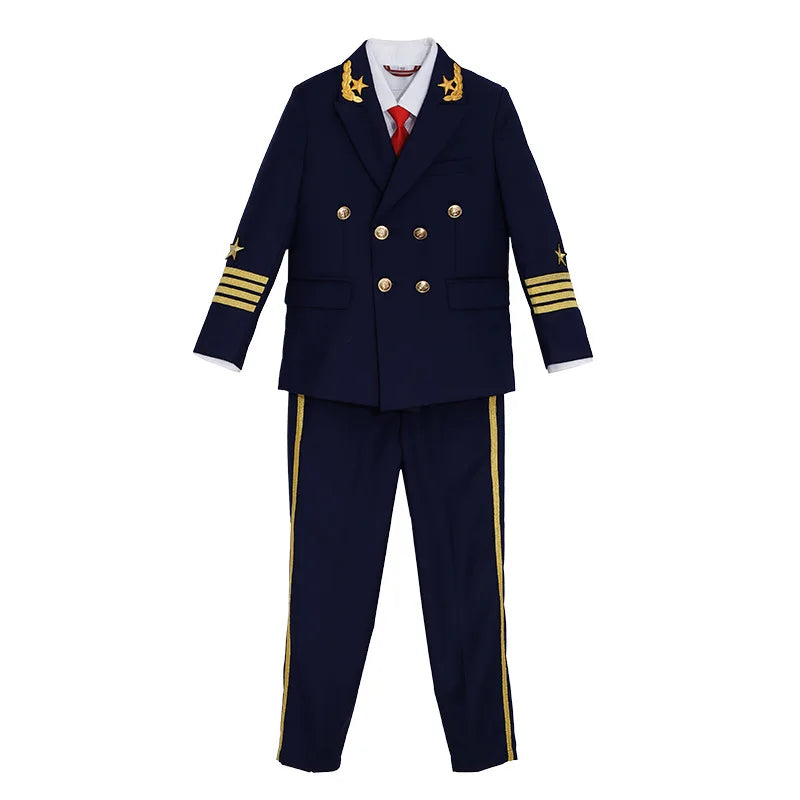 Boys Grils Pilot Uniform Suit Kids Formal Jakcet Pants Tuxedo Wedding Dress Children Birthday Photography Outfit Set