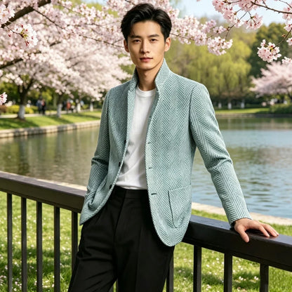 Men's Herringbone Tweed Blazer Stand Collar Slim Fit Business Casual Suit Jacket Spring Daily Commute Lightweight Sport Coat