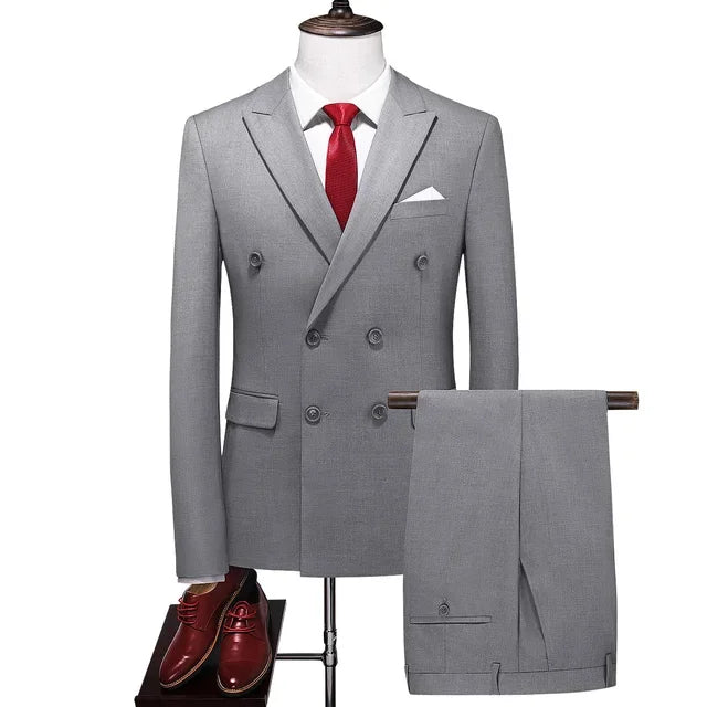 2 Pieces Fashion New Men's Business Double Breasted Solid Color Suit Coat Male Slim Fit Wedding Blazers Jacket Pants Trousers