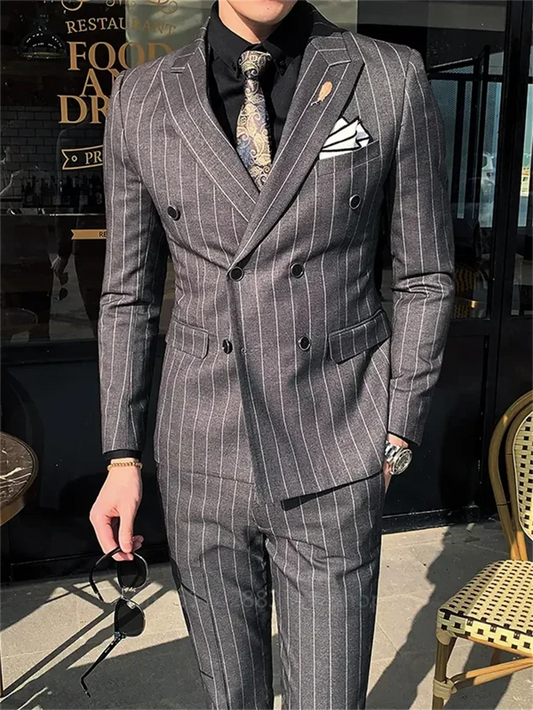 Ensemble de costume coréen croisé pour mariage et banquet, 2 pièces, rayures verticales, costume homme coupe ajustée, Business