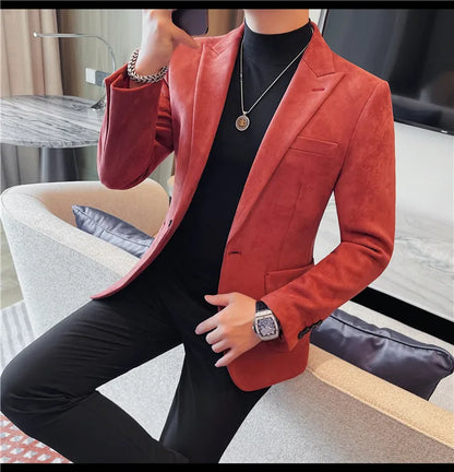 2024 Autumn Winter Men's Suede Suit Jacket High End Business Casual Blazers Slim Fit Wedding Groom Street Wear Social Dress Coat