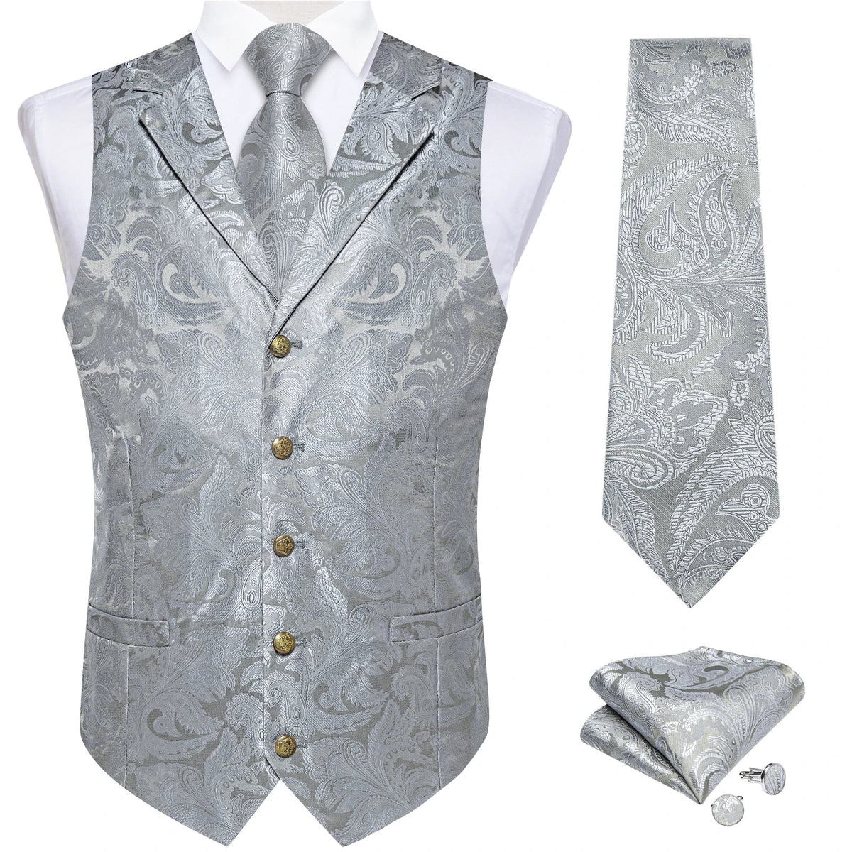 Men's Paisley Suit Vest – Single-Breasted Waistcoat with Tie, Handkerchief & Cufflinks for Weddings & Banquets