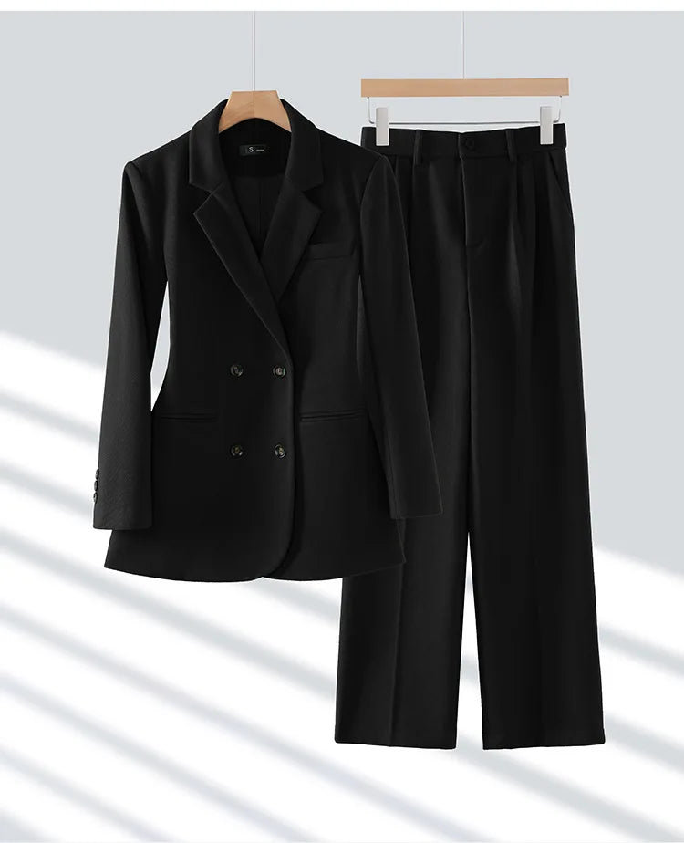 Autumn Winter 2024 New Apricot Coffee Black Elegant Double Breasted Blazer Top And Women High Waist Wide Leg Pant Two Piece Set