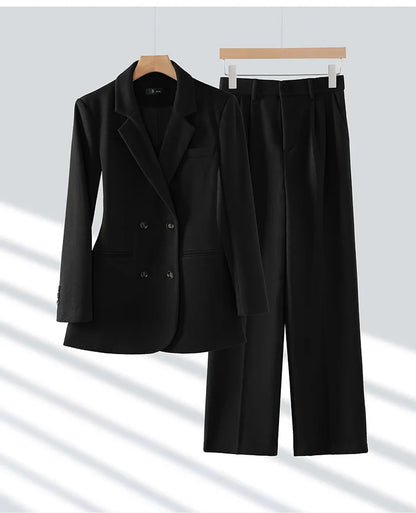 Autumn Winter 2024 New Apricot Coffee Black Elegant Double Breasted Blazer Top And Women High Waist Wide Leg Pant Two Piece Set