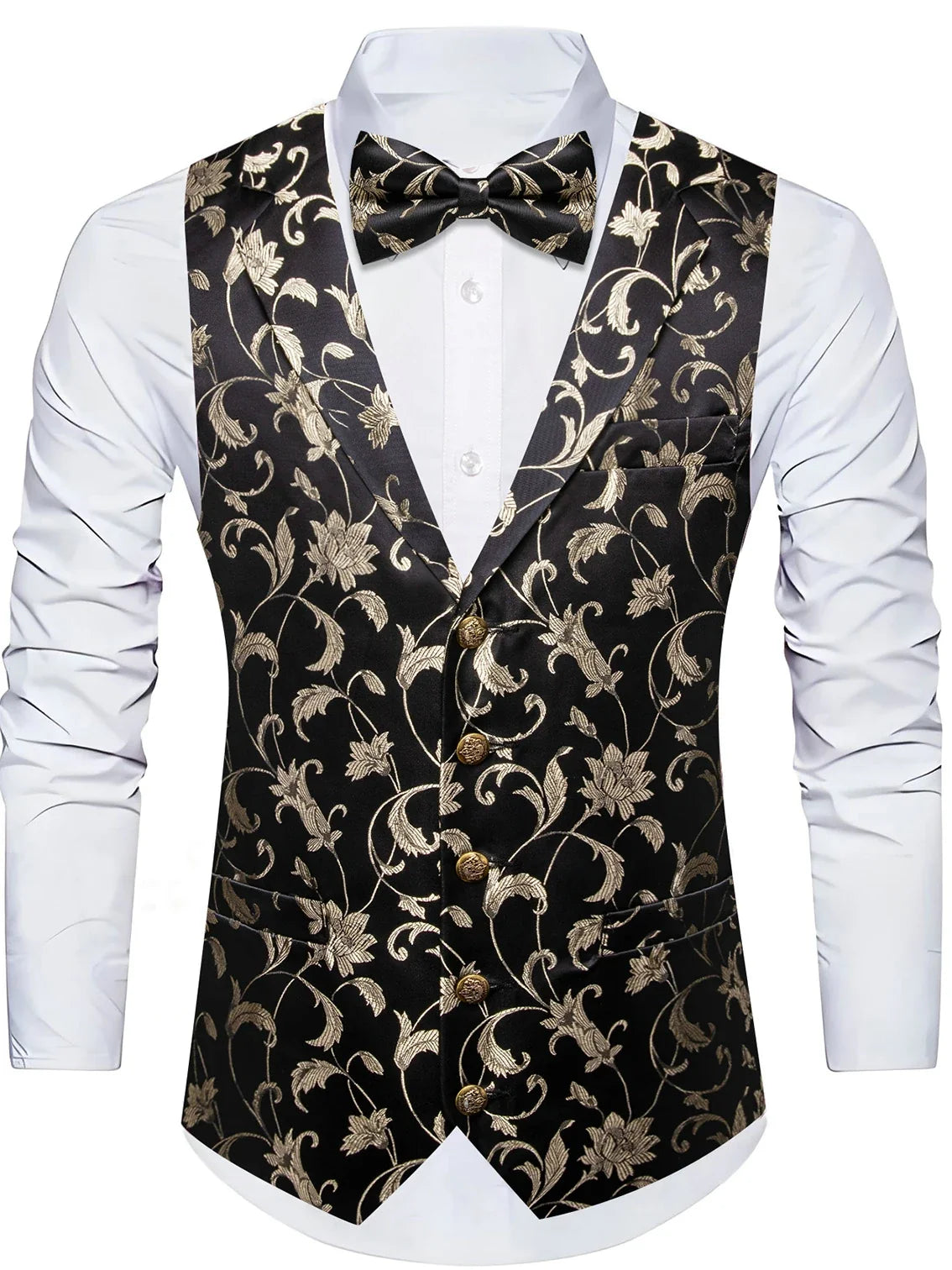 Men's Floral Jacquard Vest Bowtie Set – Pink Wedding Waistcoat for Men
