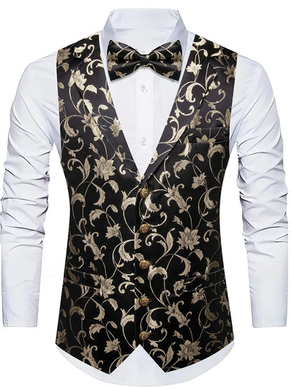 Men's Floral Jacquard Vest Bowtie Set – Pink Wedding Waistcoat for Men
