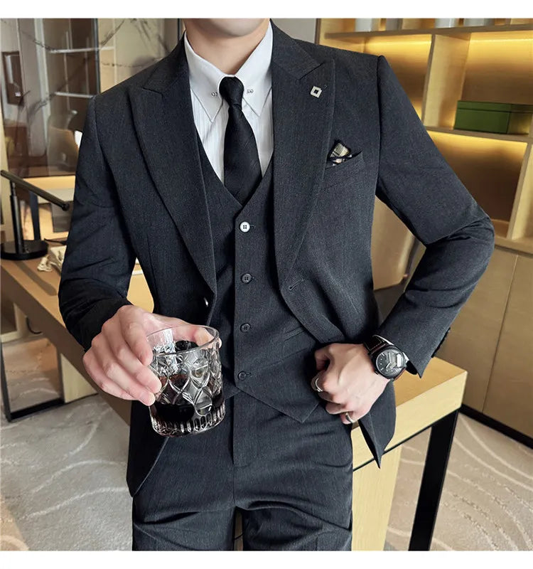 Men's 3 Piece Suit Set Double‑Button Solid Color Slim Fit Business Casual Wedding Banquet Party Jacket Vest Pants Formal Outfit