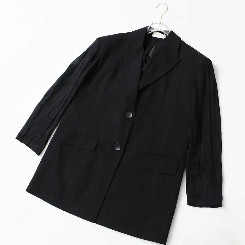 Women Chic Blazer Pleated Long Sleeves Single Breasted Notched Collar Back Lace-up Elegant Ins Coat New Spring 2026 HK19456
