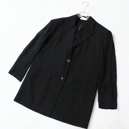 Women Chic Blazer Pleated Long Sleeves Single Breasted Notched Collar Back Lace-up Elegant Ins Coat New Spring 2026 HK19456