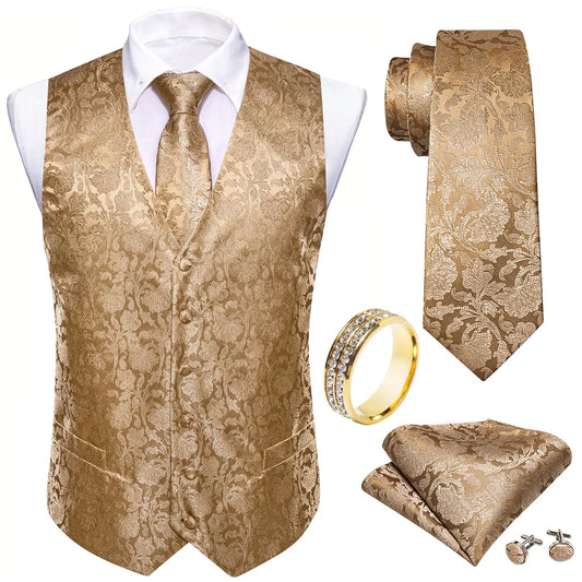 Men's Vest 5-Piece Set with Tie, Square, Cufflinks & Ring – Pale Gold Floral V-Neck for Prom & Banquet