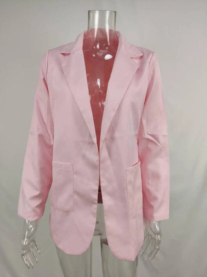 Women's Casual Blazer Notched Lapel Long Sleeve Open Jacket with Pockets Slim Fit Spring Autumn Office Lady Streetwear Coat