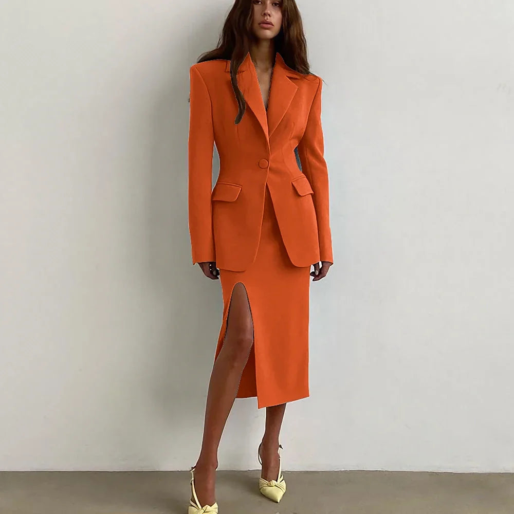Professional Women's Single Button Notch Lapel Blazer Suit Side Slit Midi Skirt Set Elegant Party Office Fashion 2Piece Outfit