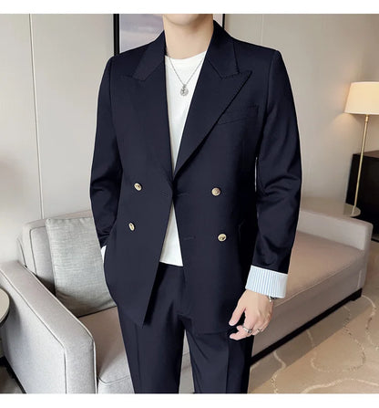 Korean Style Double Breasted Suit Jacket for Men Fashion Casual Business Suit Jackets Office Social Banquet Blazer Masculino
