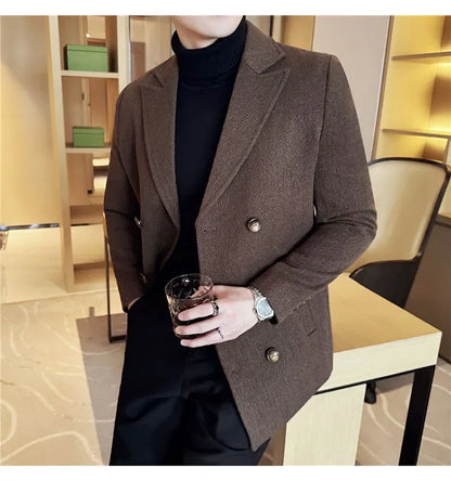 British Style Autumn Winter Thick Double Breasted Woolen Coats High Quality Men Business Casual Warm Suit Jackets Men Clothing