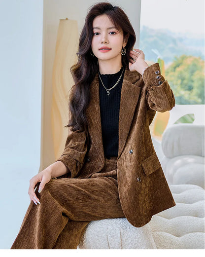 Pleuche Women Suits Office Sets 2024 Autumn New Fashion Notched Double Breasted Blazers Vintage Casual Wide Leg Pants Suits