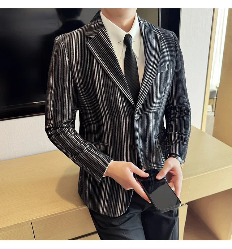 High Quality Plush Striped Fashion casual Suit Jacket Autumn Winter New Men Slim Fit Business Formal Social Prom Party Tuxedos
