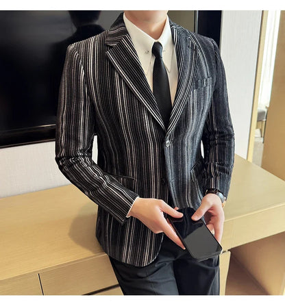 High Quality Plush Striped Fashion casual Suit Jacket Autumn Winter New Men Slim Fit Business Formal Social Prom Party Tuxedos