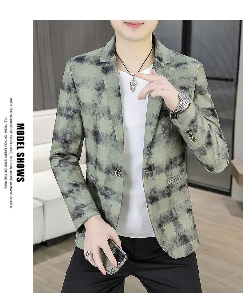 Blazer Men's Fashionable Casual Business Gentleman Outdoor Trendy Checkered Banquet Versatile and Slimming Korean Version Blazer