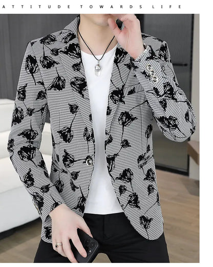 Blazer: Outdoor Fashion Business Gentleman Print Wedding Host Campus Slim-fit Casual Korean-style Youthful Versatile Men Blazer
