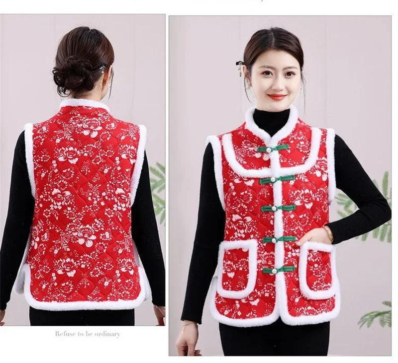 Middle-aged Mother Add Velvet Warm Vest Coat Autumn Winter New Printed Fleece Sleeveless Jacket Grandma Thicken Warm Waistcoat