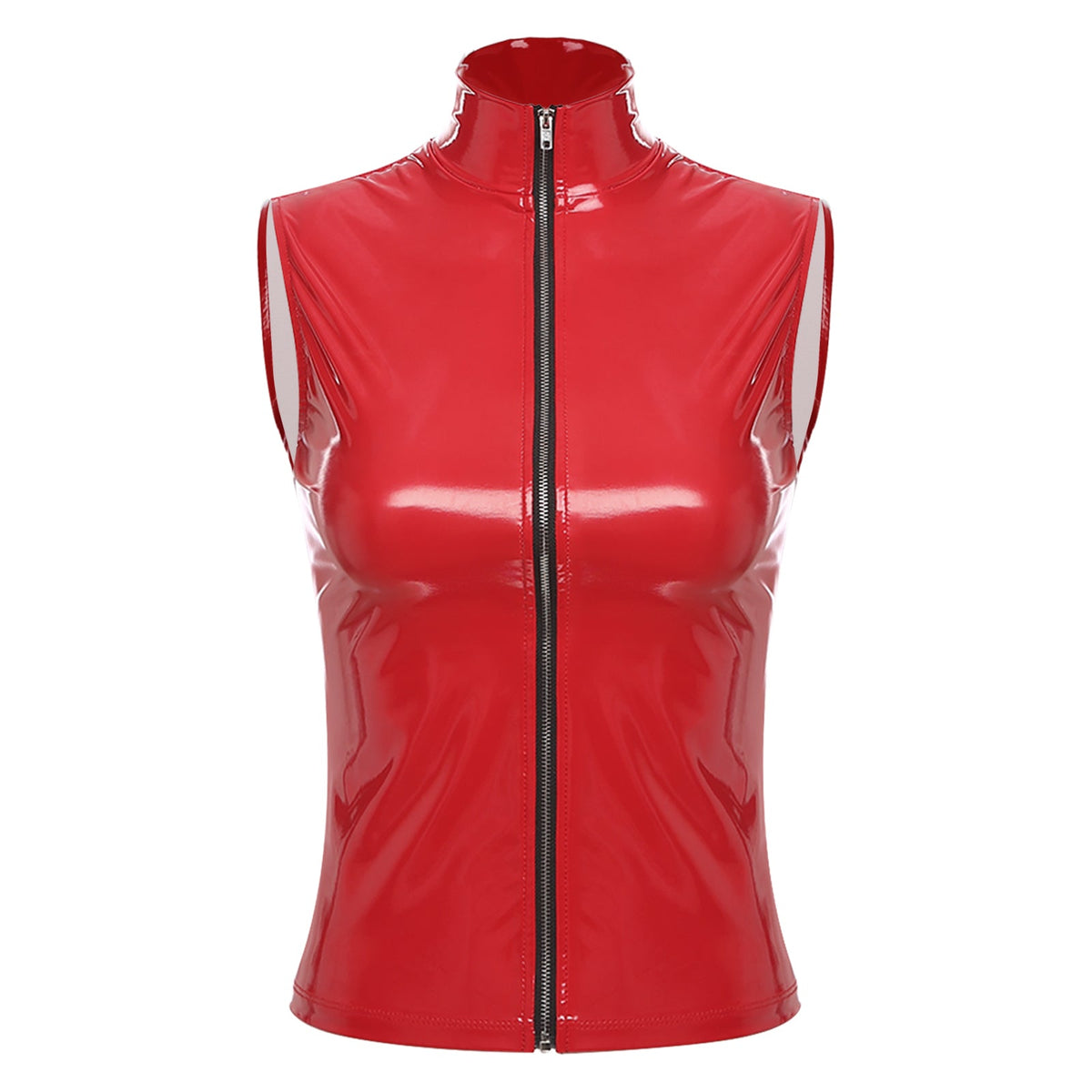 Adults Wet Look Sleeveless Waistcoat Women Fashion Zipper Vest Patent Leather Tops Vests Nightclub Clubwear Clubbing Costume