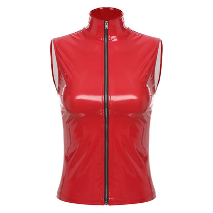 Adults Wet Look Sleeveless Waistcoat Women Fashion Zipper Vest Patent Leather Tops Vests Nightclub Clubwear Clubbing Costume