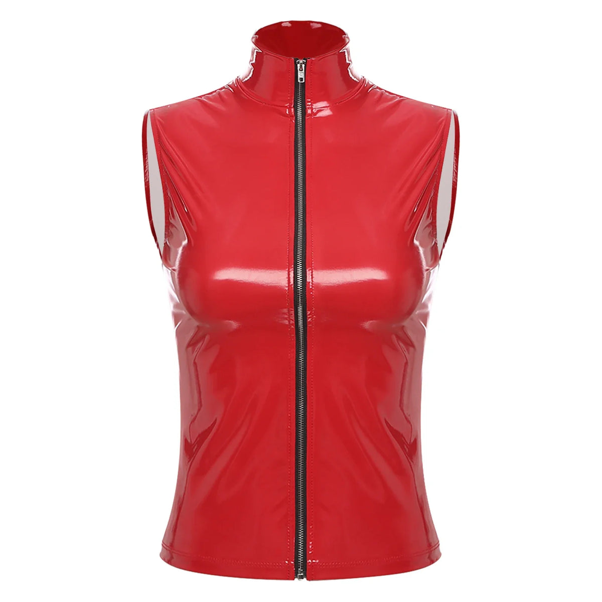 Adults Wet Look Sleeveless Waistcoat Women Fashion Zipper Vest Patent Leather Tops Vests Nightclub Clubwear Clubbing Costume