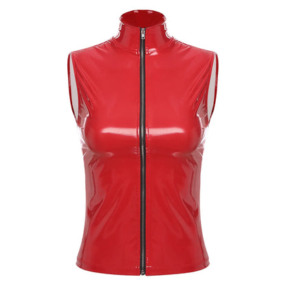 Adults Wet Look Sleeveless Waistcoat Women Fashion Zipper Vest Patent Leather Tops Vests Nightclub Clubwear Clubbing Costume