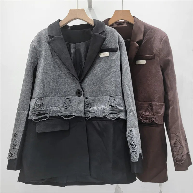 2025 Autumn New Women Blazer Notcged Collar Single Button Distressed Knitted Patchwork Color Block Tide Chic Jacket HK13269