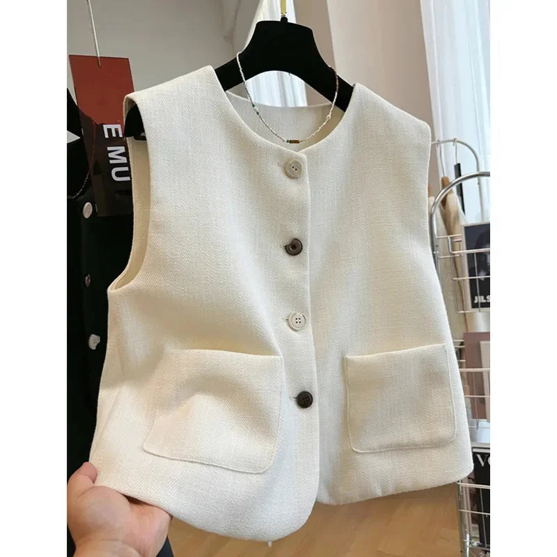 French Femme High End Waistcoat Tops Outwear Women Fashion Round Neck Sleeveless Jacket Spring Autumn Lady Solid Color Vest Coat