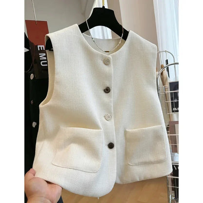 French Femme High End Waistcoat Tops Outwear Women Fashion Round Neck Sleeveless Jacket Spring Autumn Lady Solid Color Vest Coat
