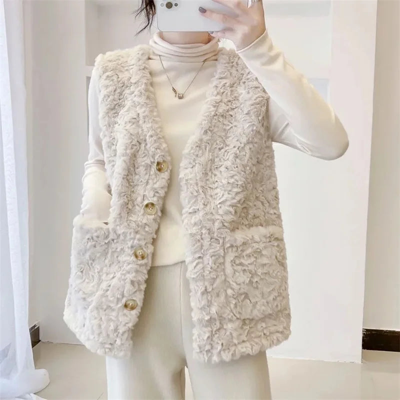 Lady Fashion Vest Outerwear Autumn Winter Female Imitation lamb Wool Waistcoat Coat Korean Women Rabbit 's Hair Sleeveless