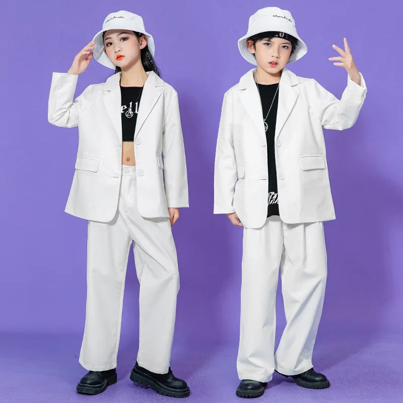 Hip Hop Boys Solid Suit Jacket Outfits Girls Loose Blazer Street Dance Pants Clothes Sets Children Streetwear Kids Jazz Costumes