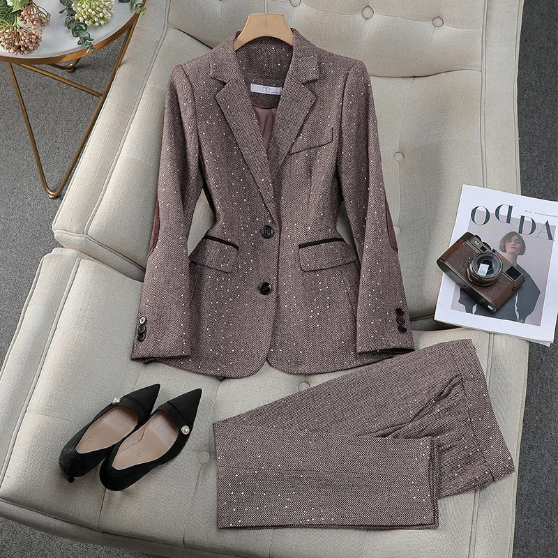 Elegant Vintage Blazer Pants Set for Woman 2 Pieces Matching Sets Autumn 2026 Office Lady Jacket and Trousers Suit Brown