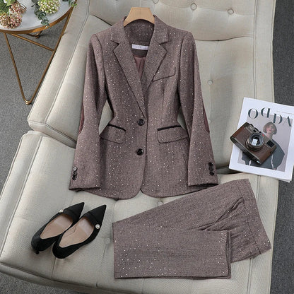 Elegant Vintage Blazer Pants Set for Woman 2 Pieces Matching Sets Autumn 2026 Office Lady Jacket and Trousers Suit Brown