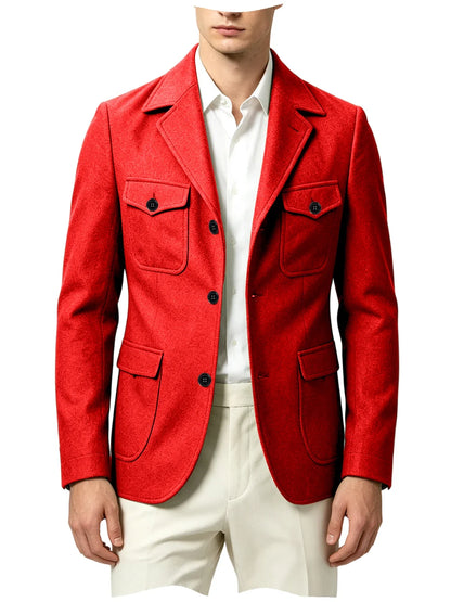 Men's Wool Blazer Notched Lapel Slim Fit 3 Buttons Suit Jacket Multi Pockets Casual Business Autumn Winter Dress Coat Daily Wear