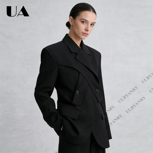 Black Asymmetrical Double-Breasted Blazer with Deconstructed Lapels Modern Minimalist Womens Suit Blazer Stylish Outfit