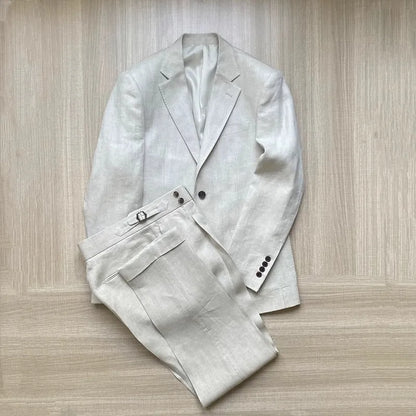 Men Thin Slim Fit Top Quality Beige White Linen Suits Matching Sets Spring Summer Comfortable Two Piece Set Casual Outfits 2025