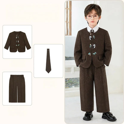 90-160 Kids New Chinese Tang Suit Hanfu Embroidery Suit Flower Boys Host Recitation Performance Costume